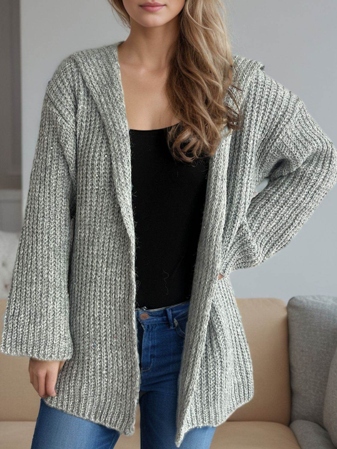 Sequin Detail Long Sleeve Hooded Cardigan - Delanoir