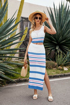 Striped Openwork Cropped Tank and Split Skirt Set - Delanoir