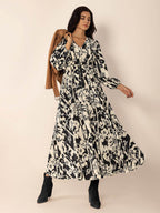 Tied Printed V-Neck Long Sleeve Midi Dress - Delanoir