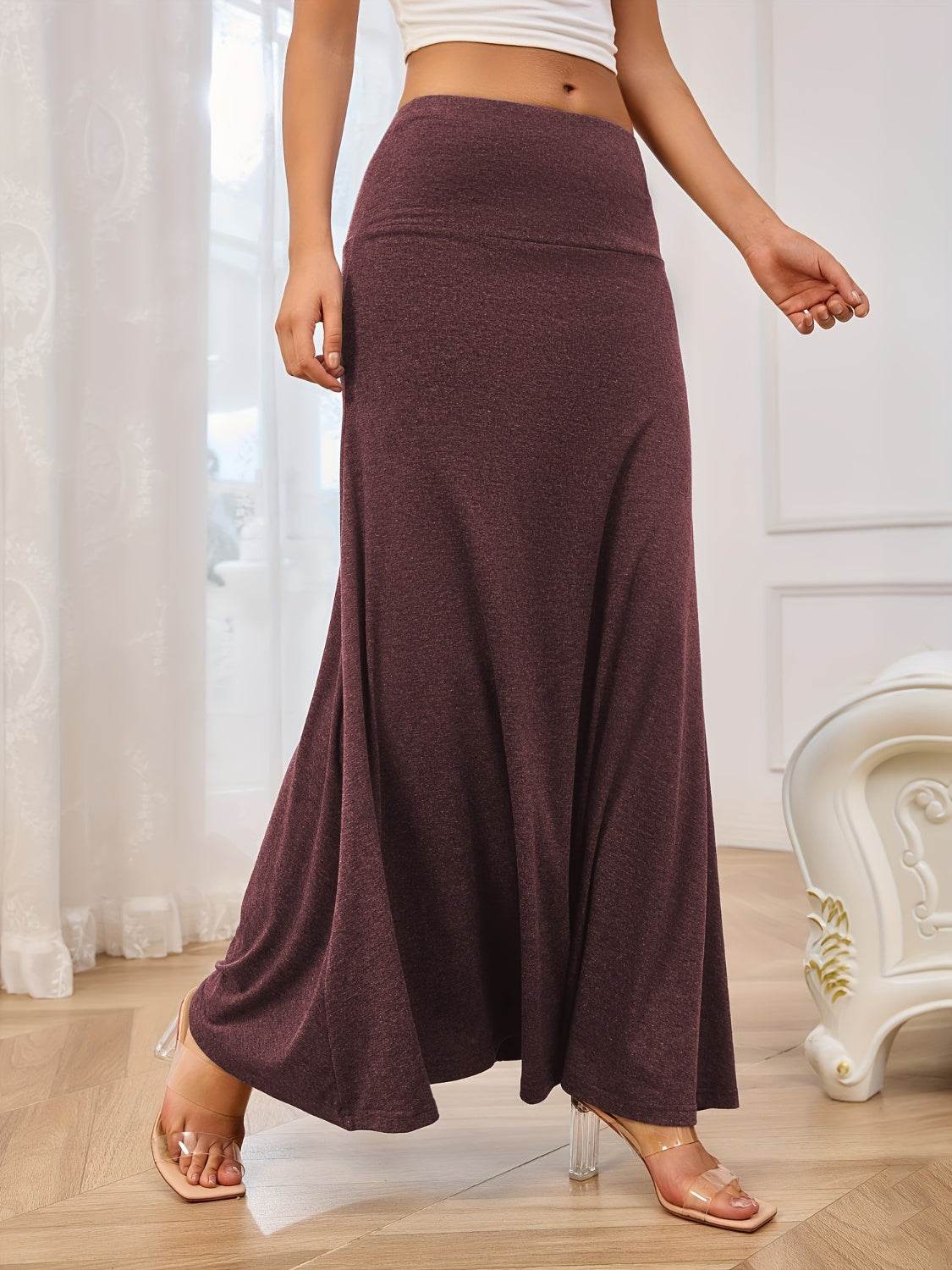Solid Elastic Waist Maxi Skirt - Delanoir