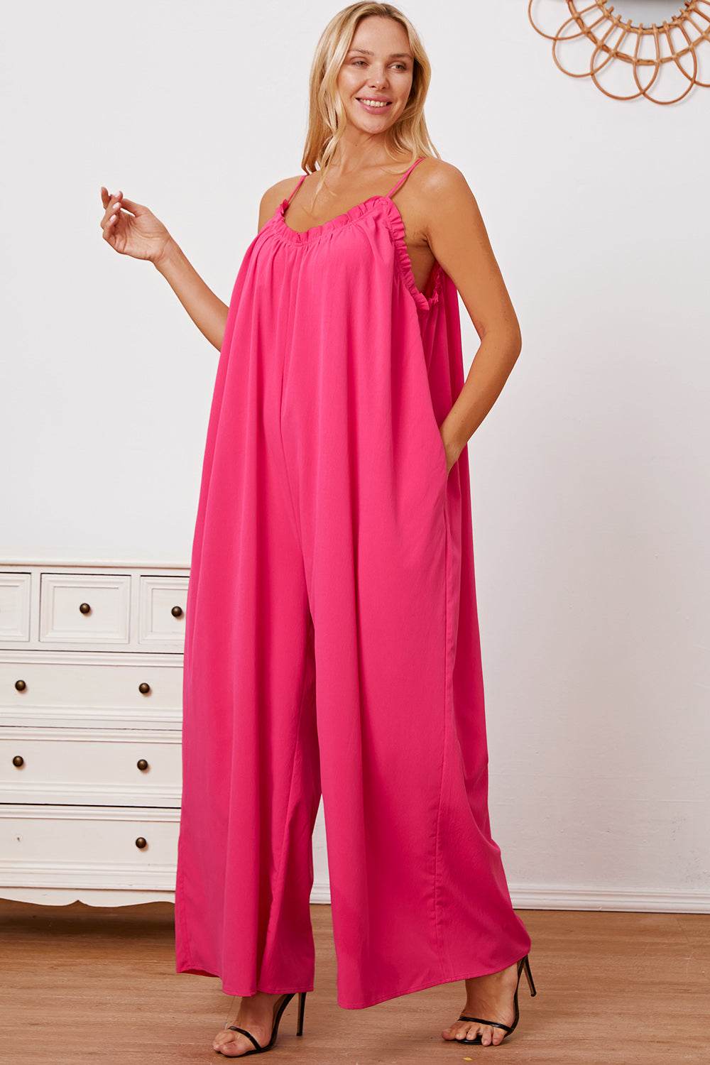Double Take Full Size Ruffle Trim Tie Back Cami Jumpsuit with Pockets - Delanoir