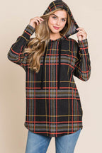 BOMBOM Drawstring Plaid Long Sleeve Hoodie - Delanoir