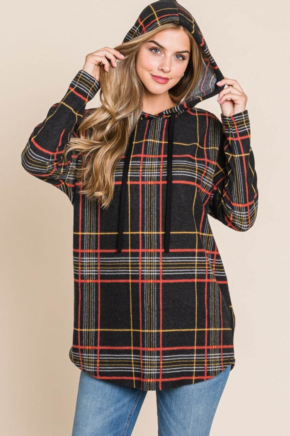 BOMBOM Drawstring Plaid Long Sleeve Hoodie - Delanoir