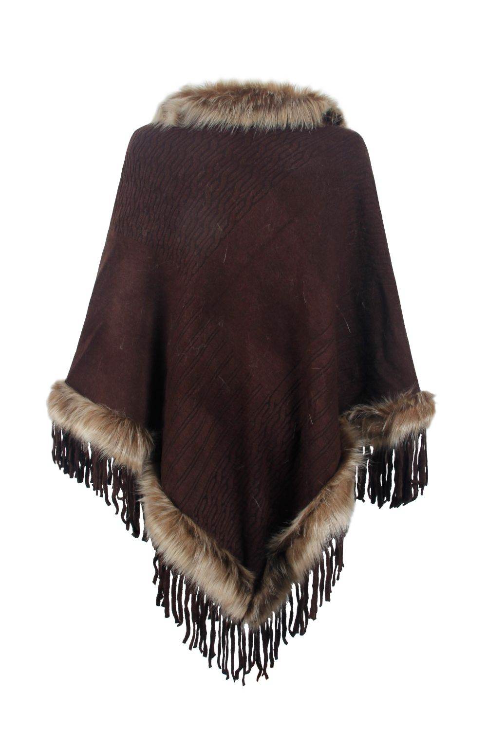 Faux Fur Trim Fringed Poncho - Delanoir