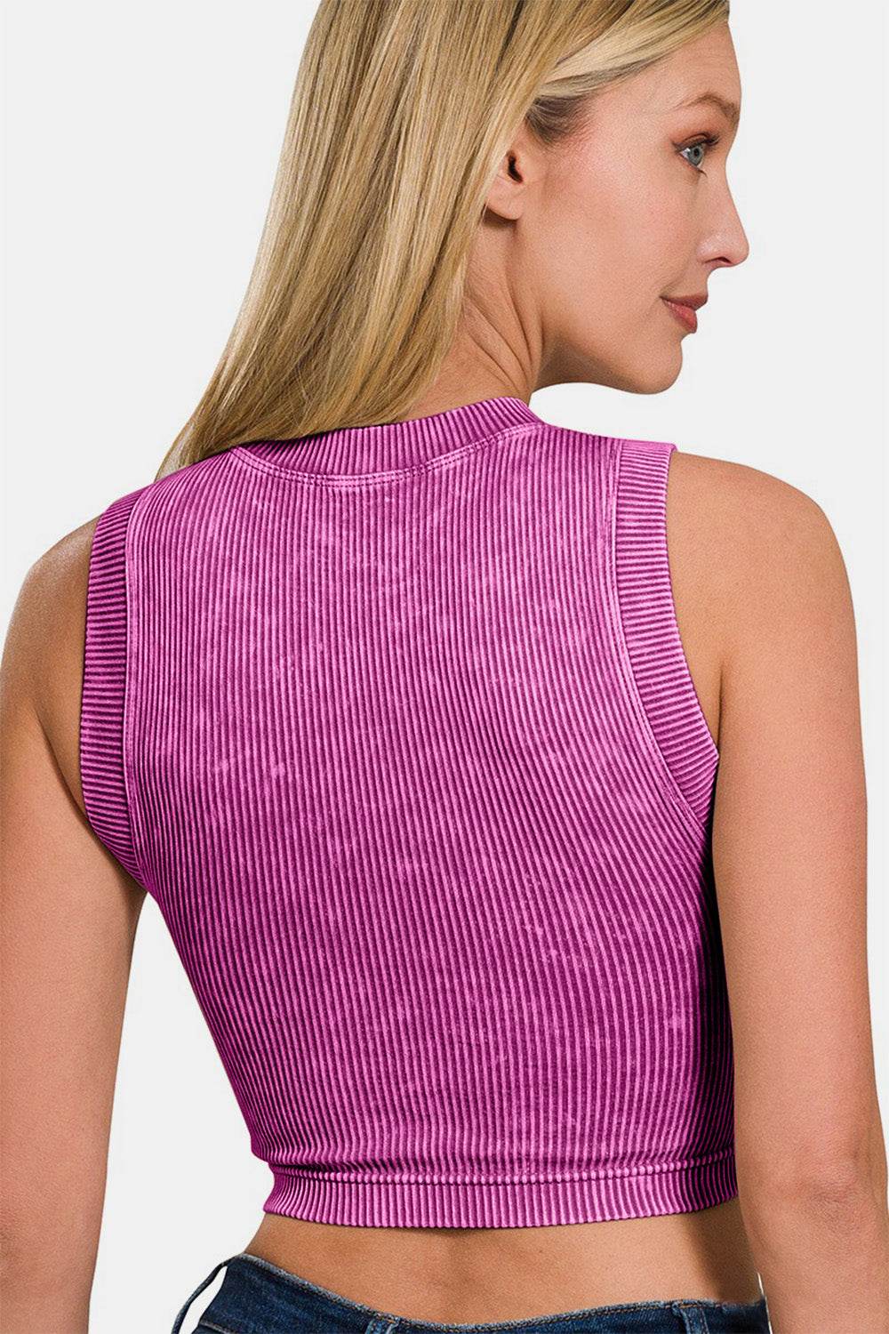Zenana Washed Ribbed Seamless Crop Tank with Bra Pad - Delanoir