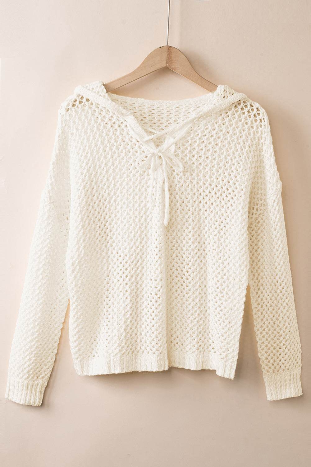 Openwork Lace-Up Hooded Sweater - Delanoir