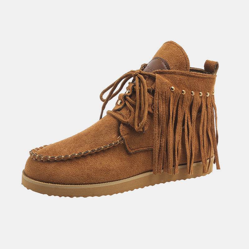 Fringe Studded Round Toe Canvas Boots - Delanoir