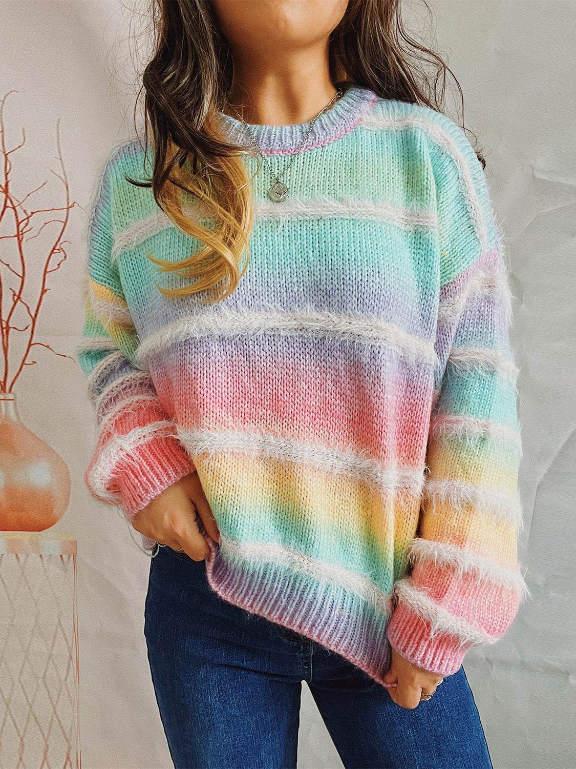 Striped Round Neck Long Sleeve Sweater - Delanoir