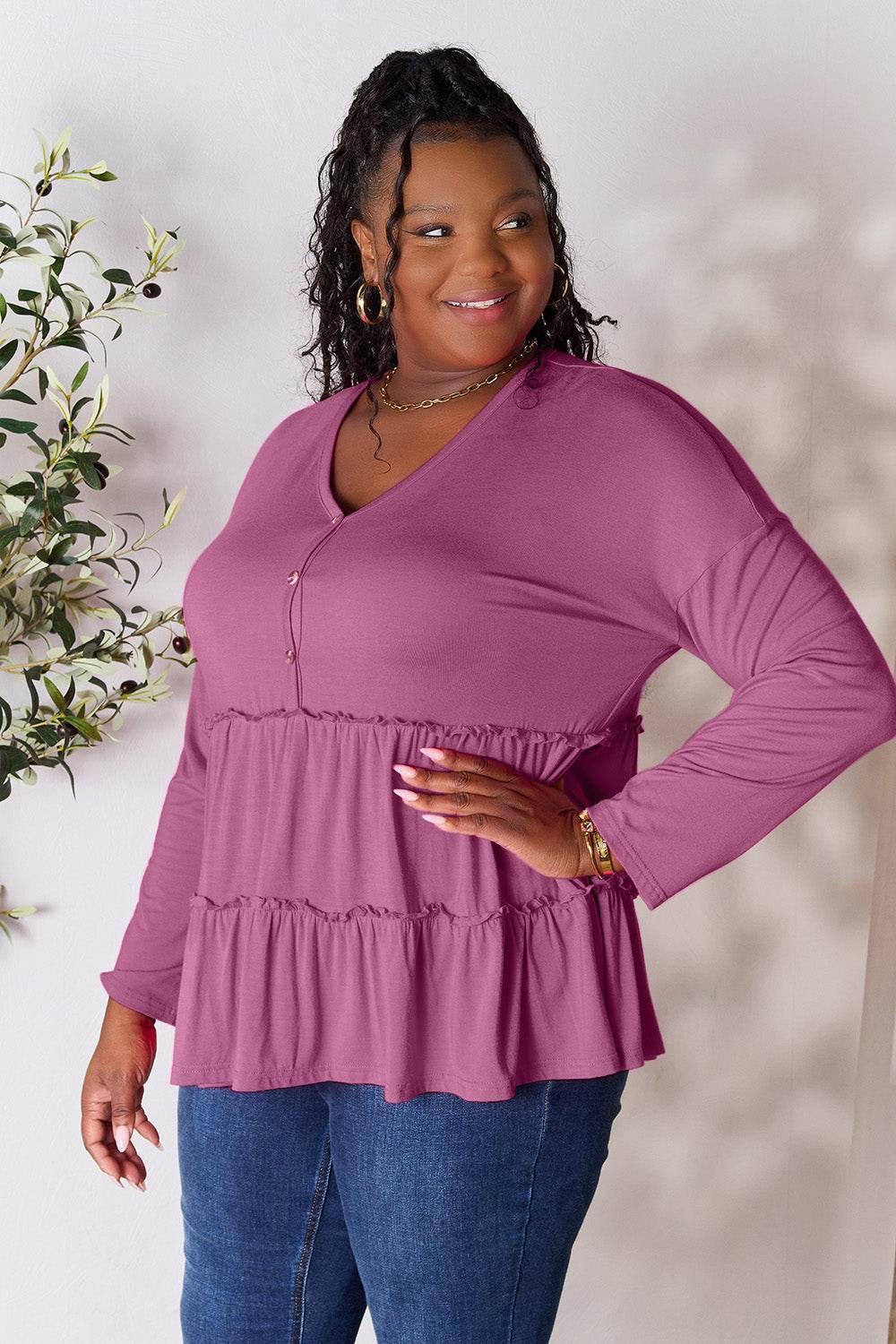 Double Take Half Button Long Sleeve Ruffle Hem Blouse - Delanoir