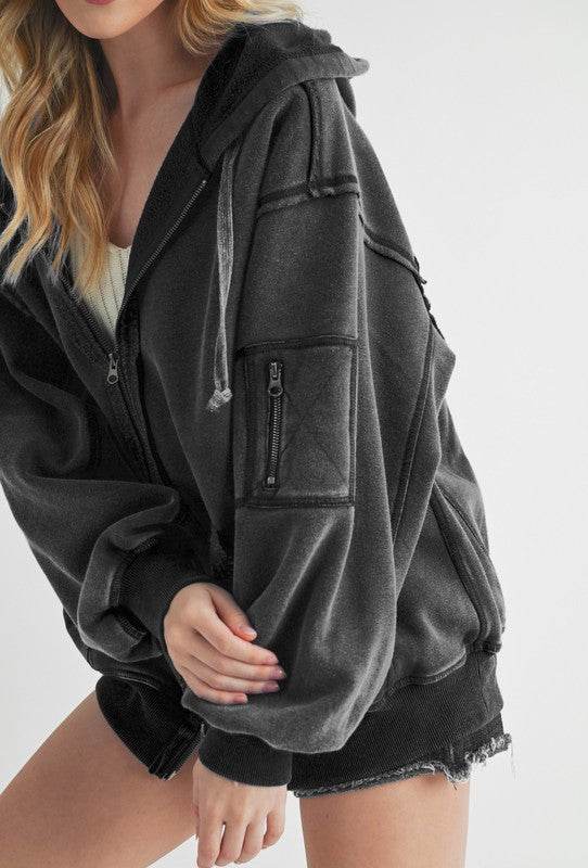 Aemi+Co Exposed Seam Zip Up Drawstring Hooded Jacket - Delanoir