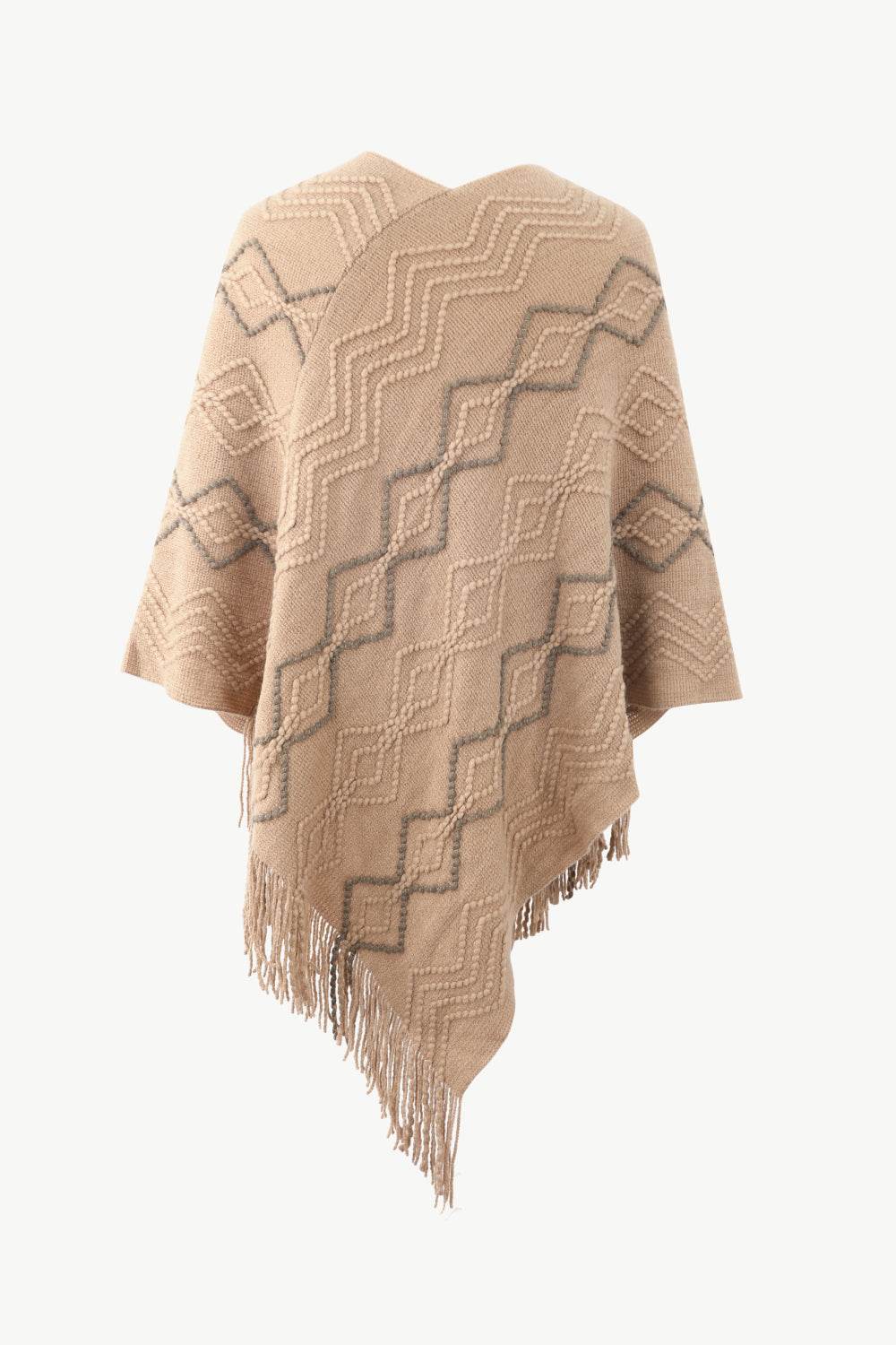 Pearl Trim V-Neck Fringe Hem Poncho - Delanoir