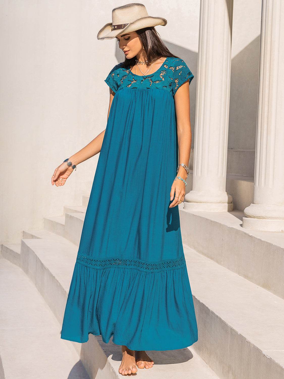 Round Neck Short Sleeve Maxi Dress - Delanoir