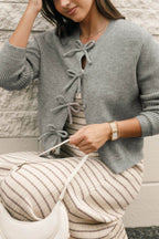 Bow Round Neck Long Sleeve Cardigan - Delanoir