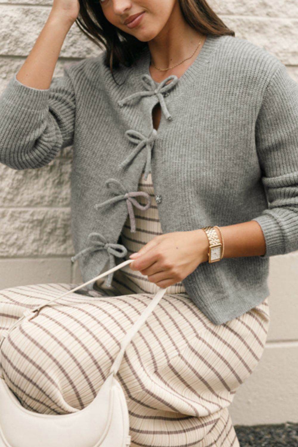 Bow Round Neck Long Sleeve Cardigan - Delanoir
