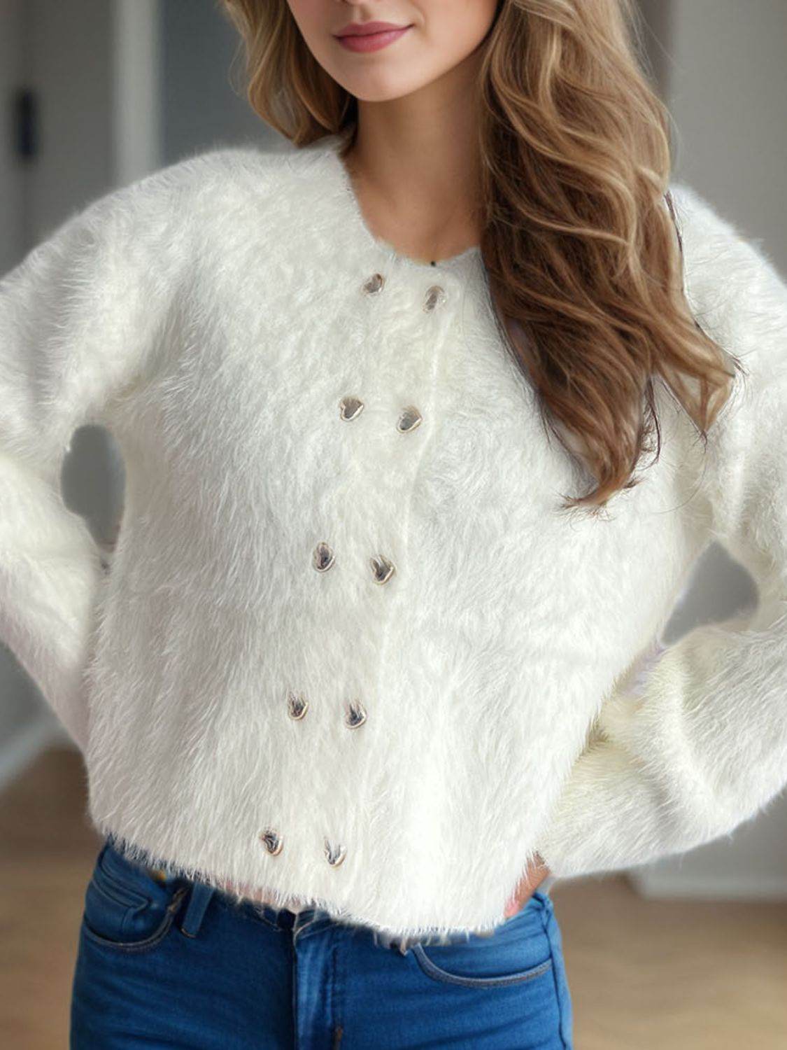 Heart Button Round Neck Cardigan - Delanoir