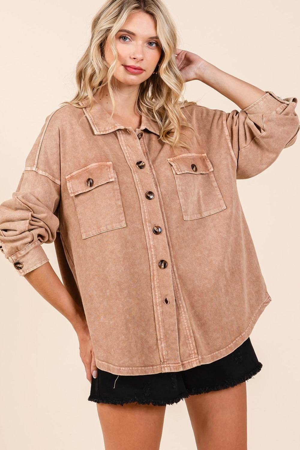 Mittoshop Mineral Wash French Terry Elbow Patch Shacket - Delanoir