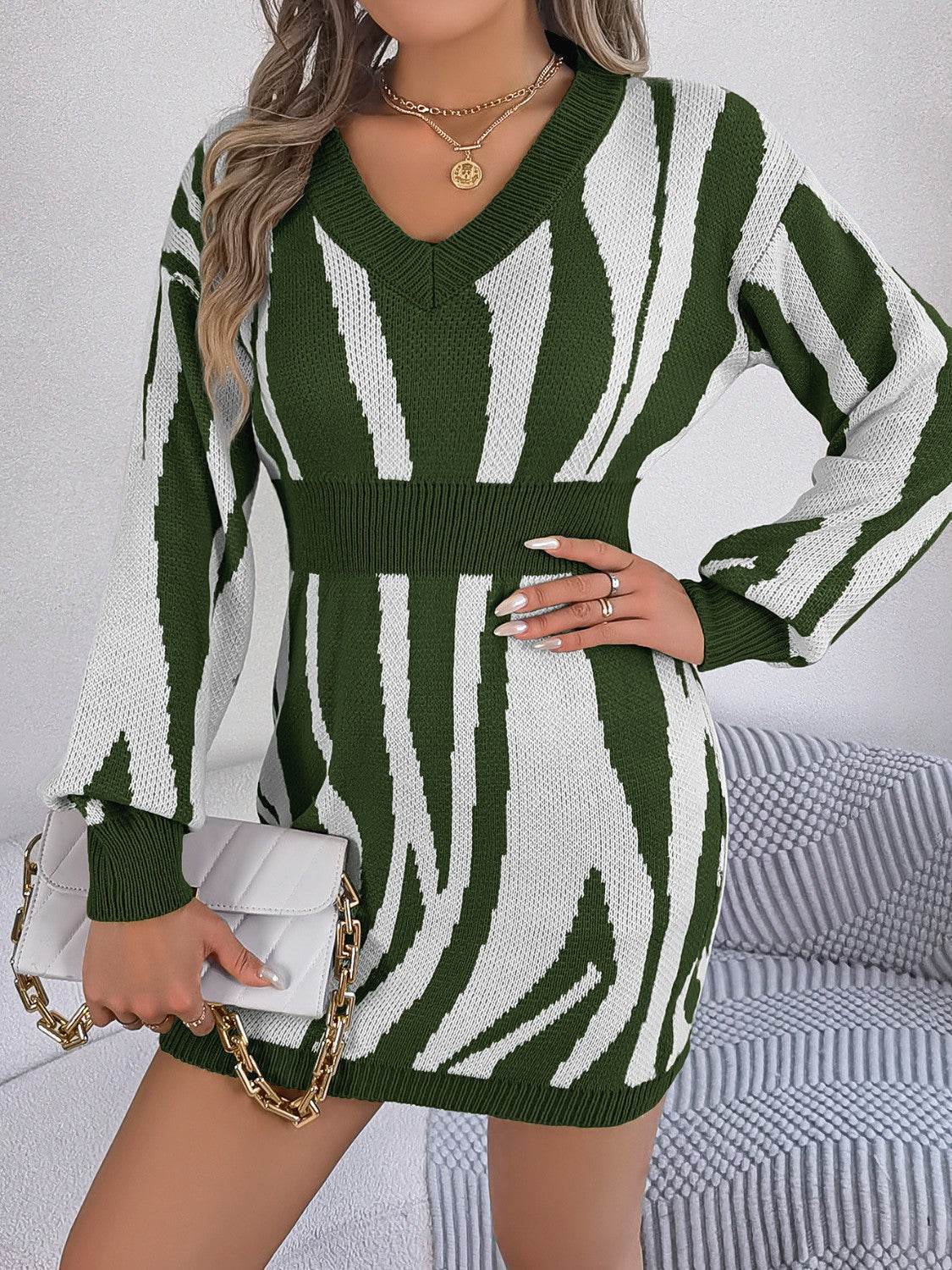 Animal Print V-Neck Long Sleeve Sweater Dress - Delanoir