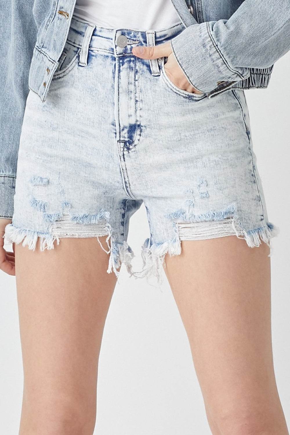 RISEN Raw Hem Distressed High Rise Denim Shorts - Delanoir