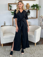 Double Take Full Size V-Neck Tied Side Slit Jumpsuit - Delanoir