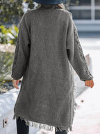 Fringe Open Front Long Sleeve Cardigan - Delanoir