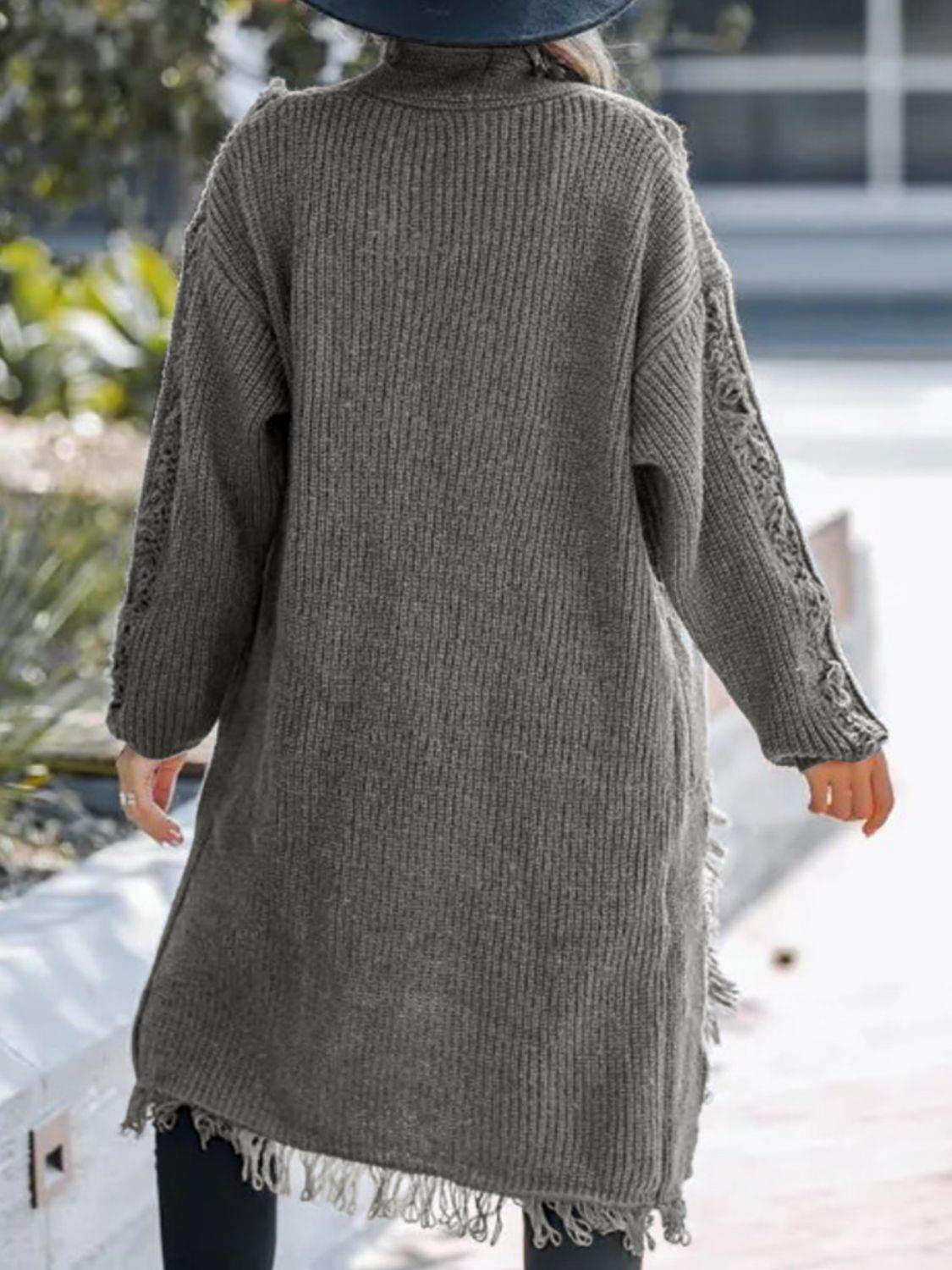 Fringe Open Front Long Sleeve Cardigan - Delanoir