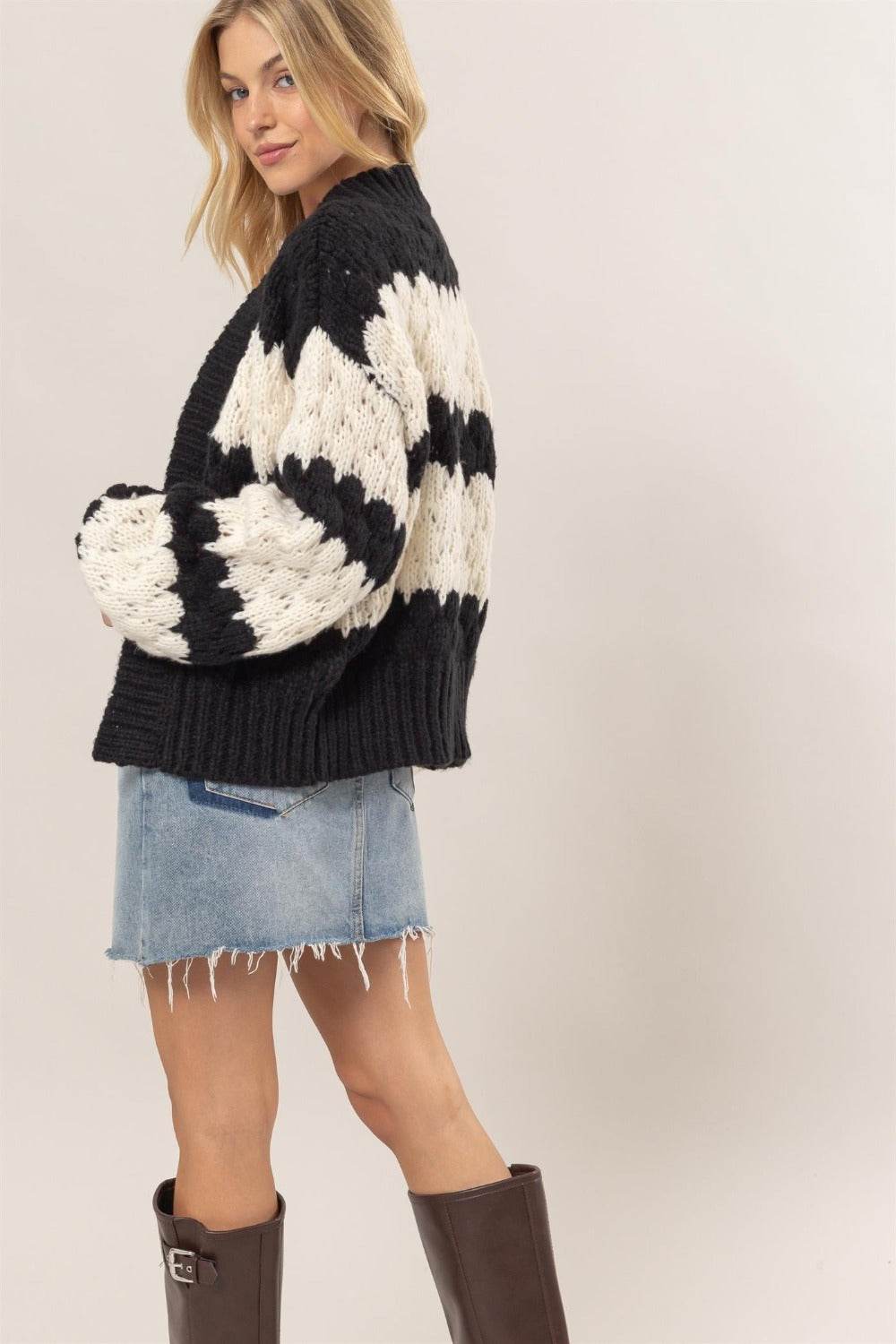 HYFVE Scallop Striped Open Front Long Sleeve Sweater Cardigan - Delanoir