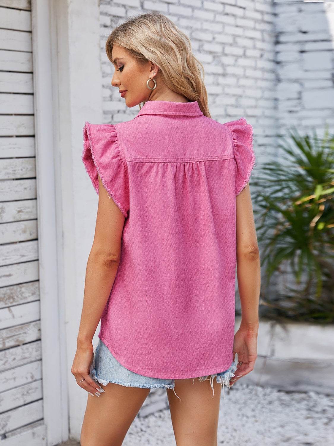 Ruffled Pocketed Collared Neck Cap Sleeve Denim Top - Delanoir
