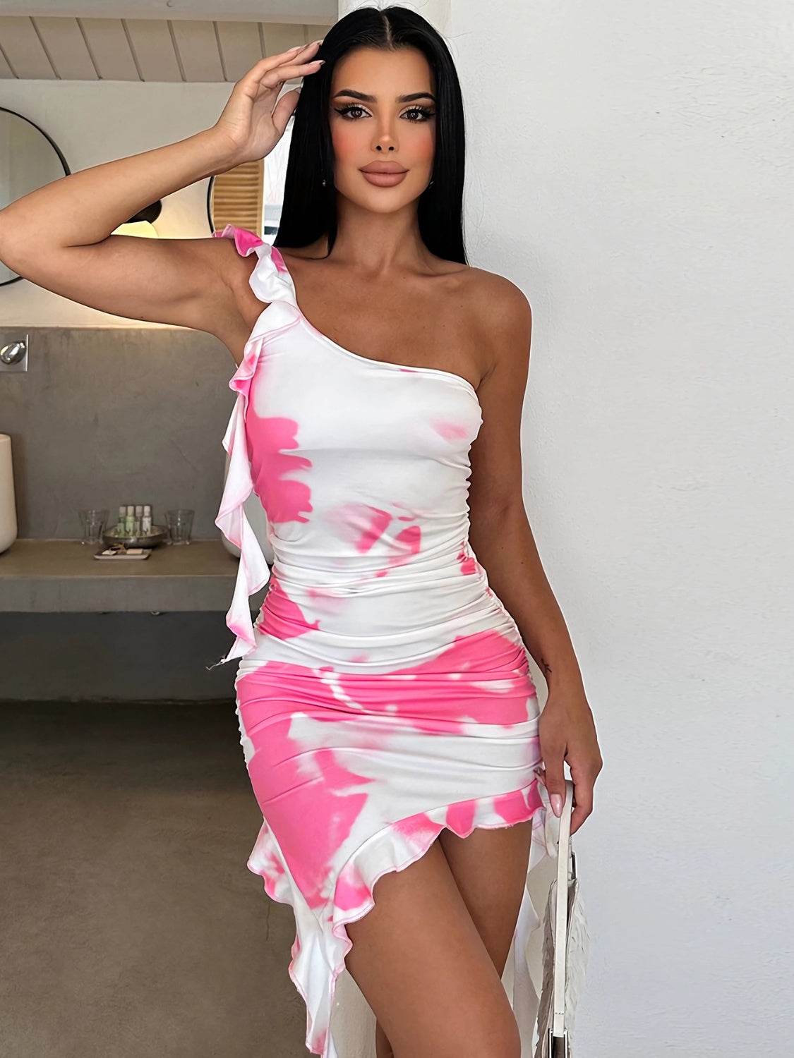 Ruffled Tie-Dye Single Shoulder Mini Dress - Delanoir
