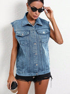 Pocketed Collared Neck Sleeveless Denim Top - Delanoir