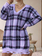 Distressed Plaid V-Neck Long Sleeve Sweater Dress - Delanoir