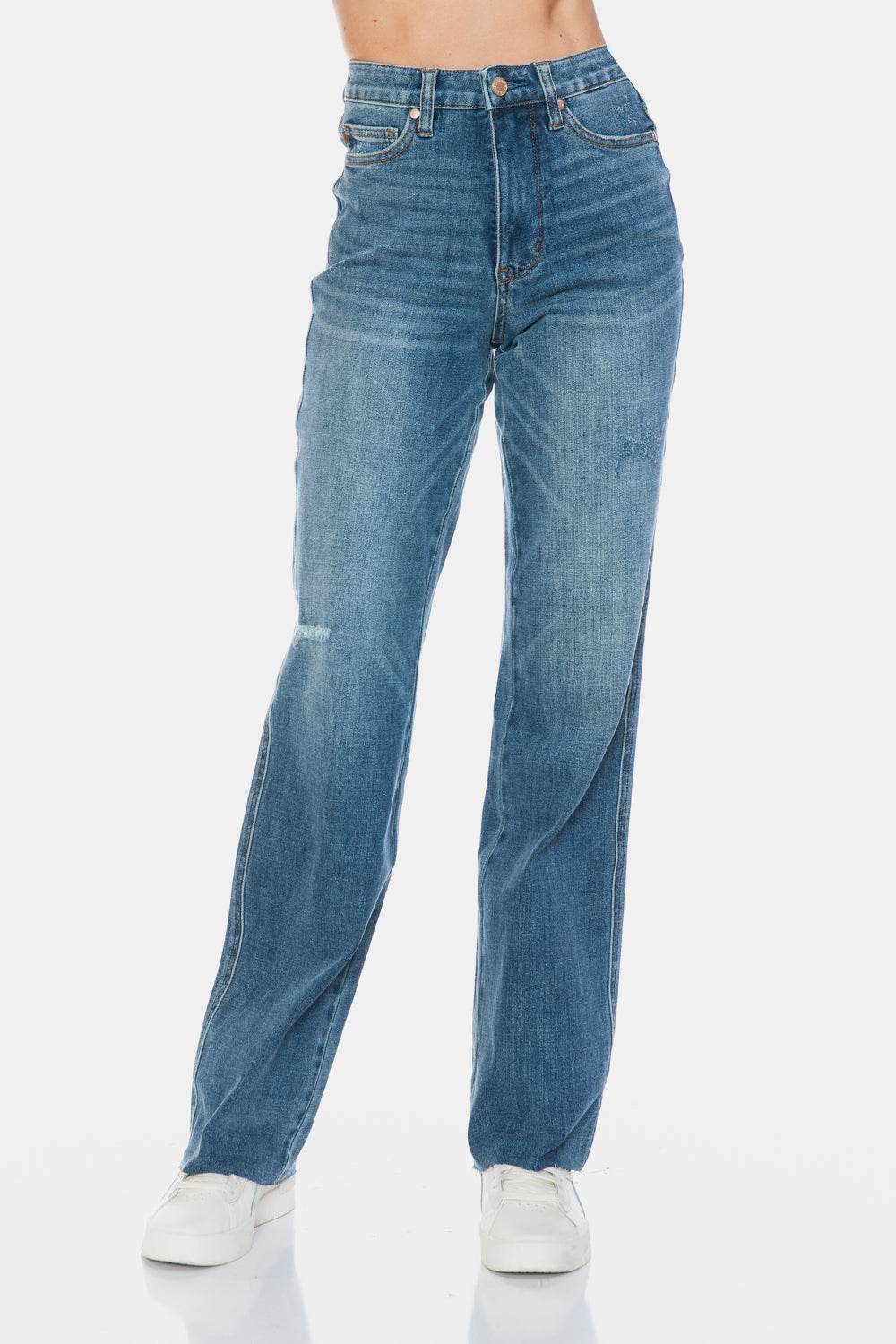 Judy Blue Full Size Tummy Control Cut Raw Hem Straight Jeans - Delanoir