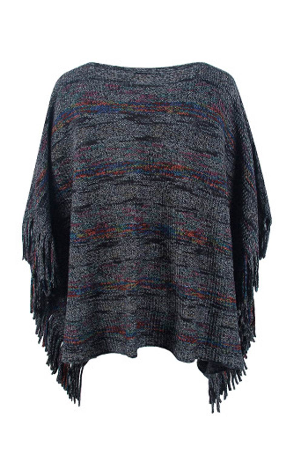 Round Neck Fringe Detail Sleeve Poncho - Delanoir