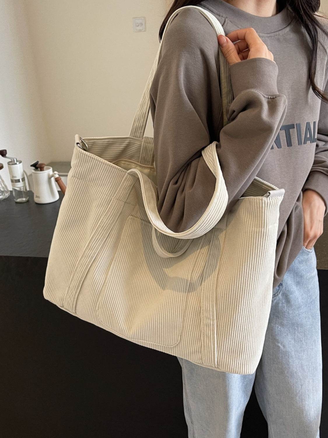 Corduroy Solid Large Tote Bag - Delanoir