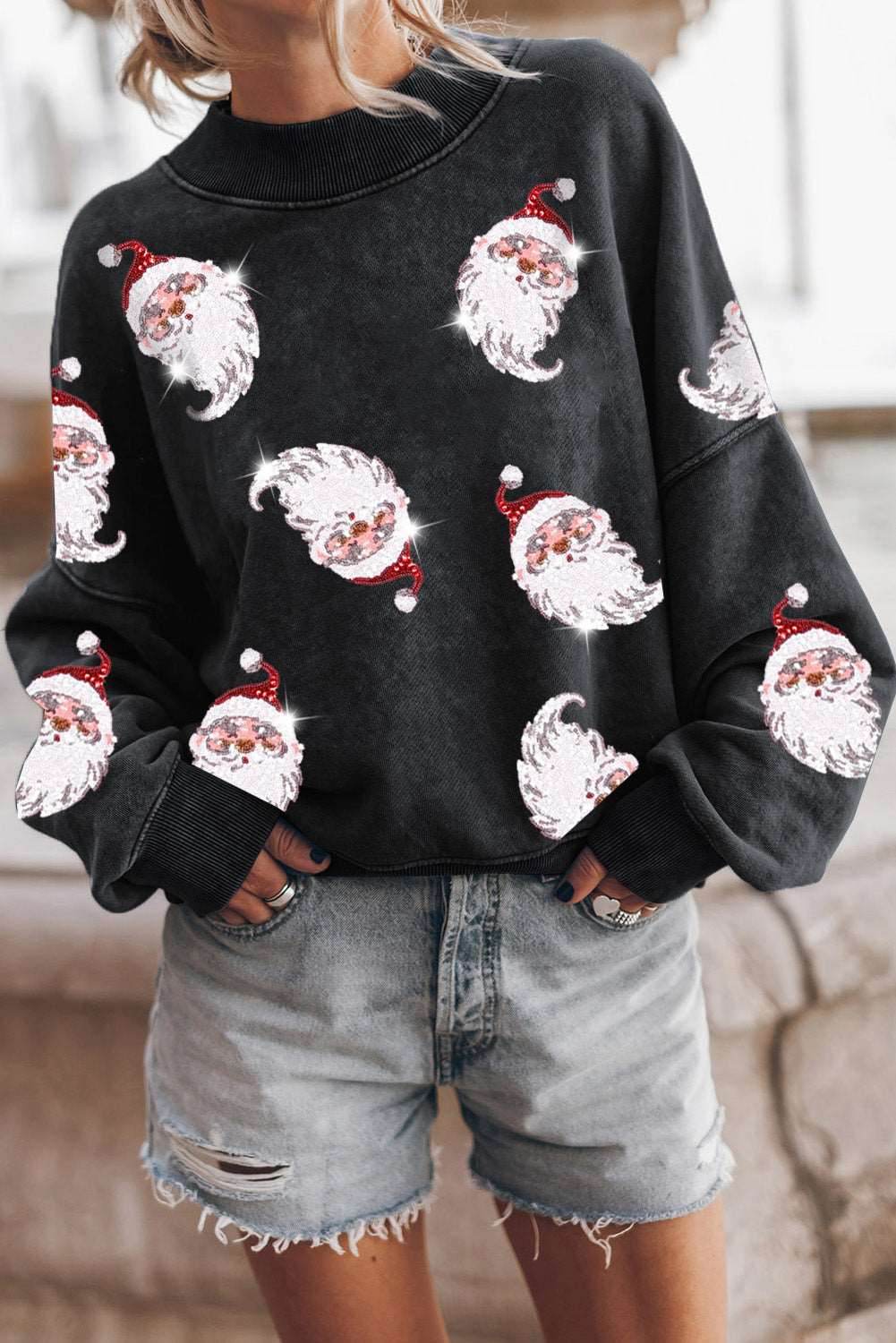 Sequin Santa Round Neck Drop Shoulder Sweatshirt - Delanoir