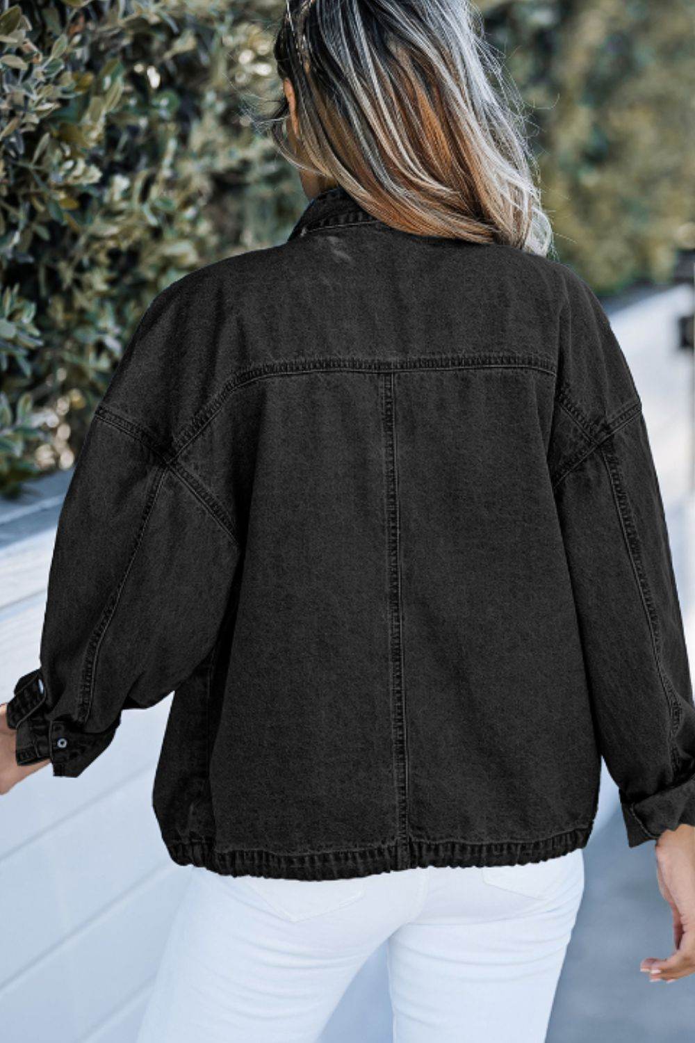 Drawstring Snap Down Denim Jacket with Chest Pockets - Delanoir