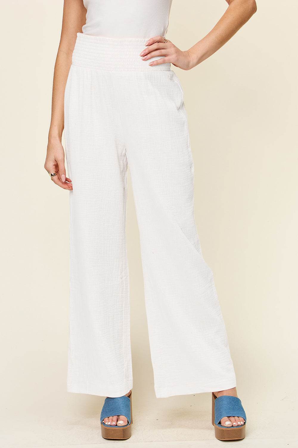 Double Take Full Size Texture Smocked Waist Wide Leg Pants - Delanoir