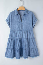 Raw Hem Collared Neck Short Sleeve Denim Dress - Delanoir