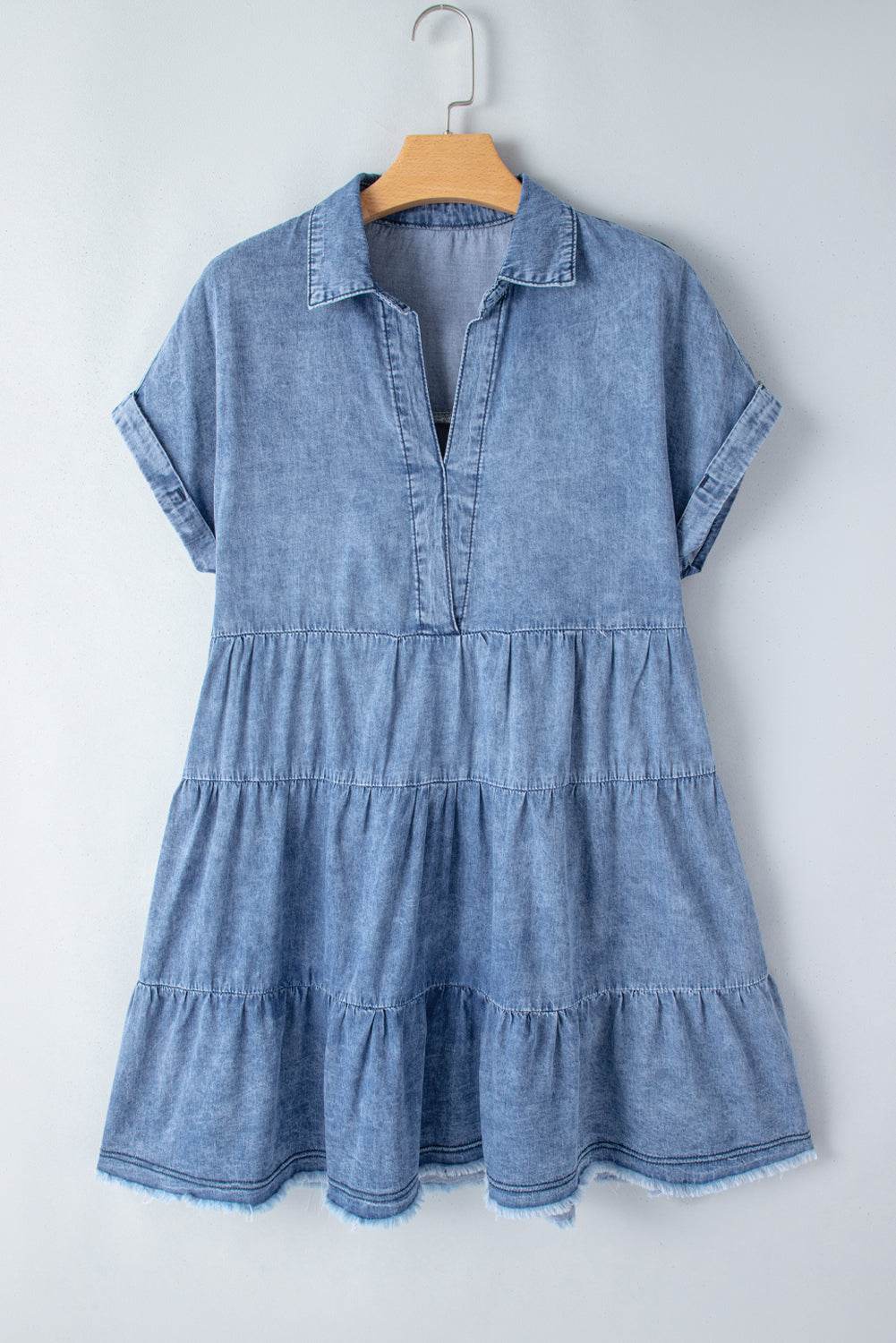 Raw Hem Collared Neck Short Sleeve Denim Dress - Delanoir