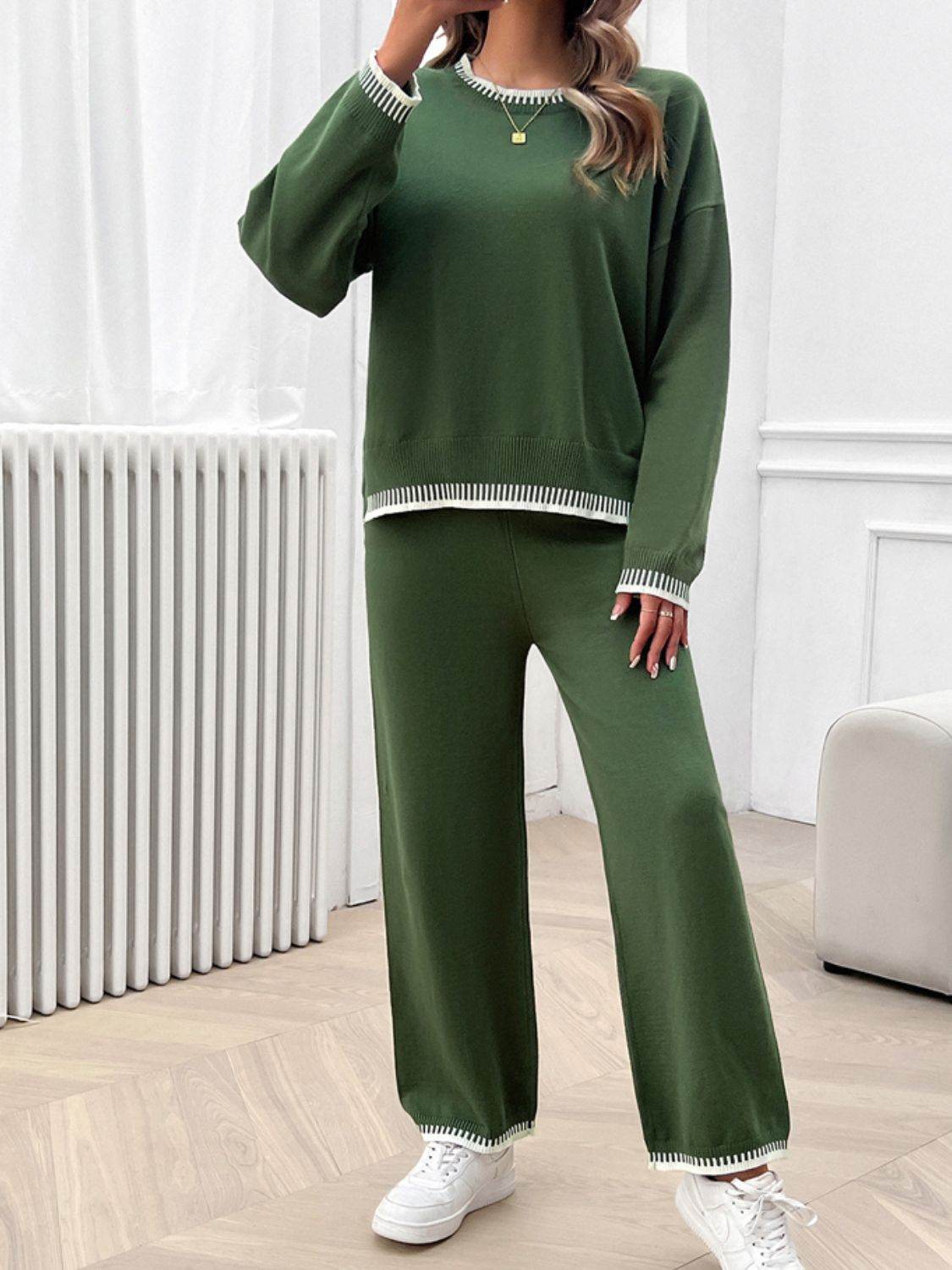 Devine Round Neck Dropped Shoulder Top and Pants Sweater Set - Delanoir
