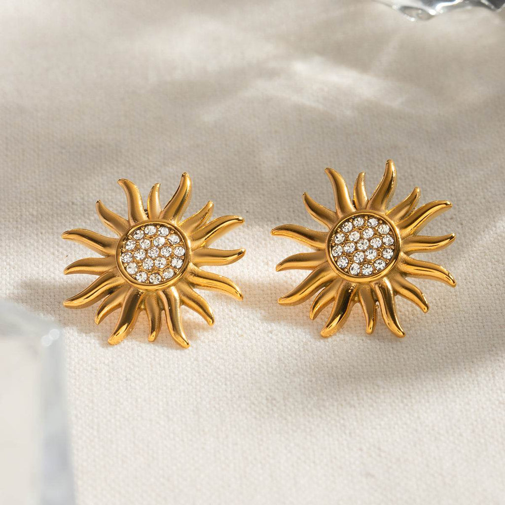Stainless Steel Inlaid Rhinestone Sun Shape Stud Earrings - Delanoir