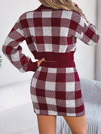 Plaid Round Neck Top and Skirt Sweater Set - Delanoir