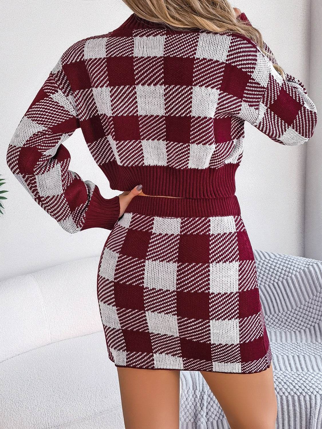 Plaid Round Neck Top and Skirt Sweater Set - Delanoir