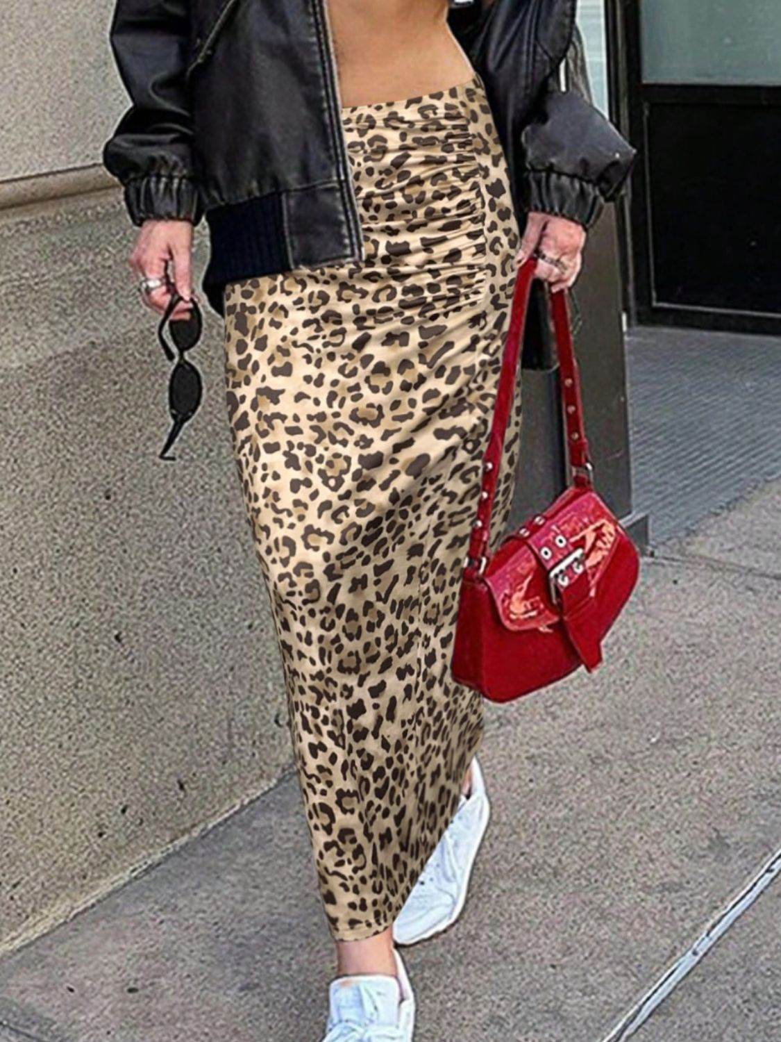Honey Slit Leopard Midi Skirt - Delanoir