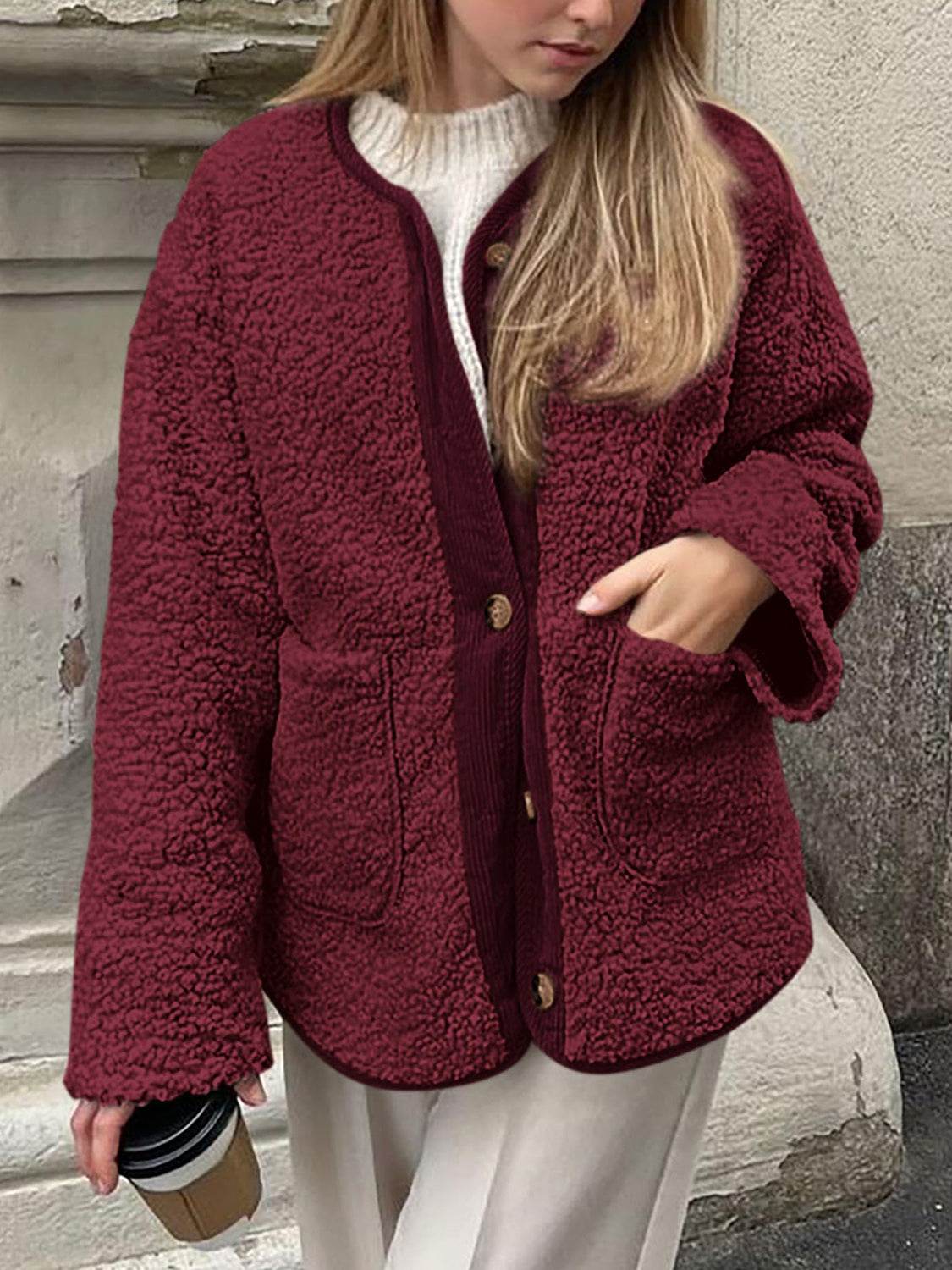 Contrast Button Up Sherpa Jacket with Pockets - Delanoir