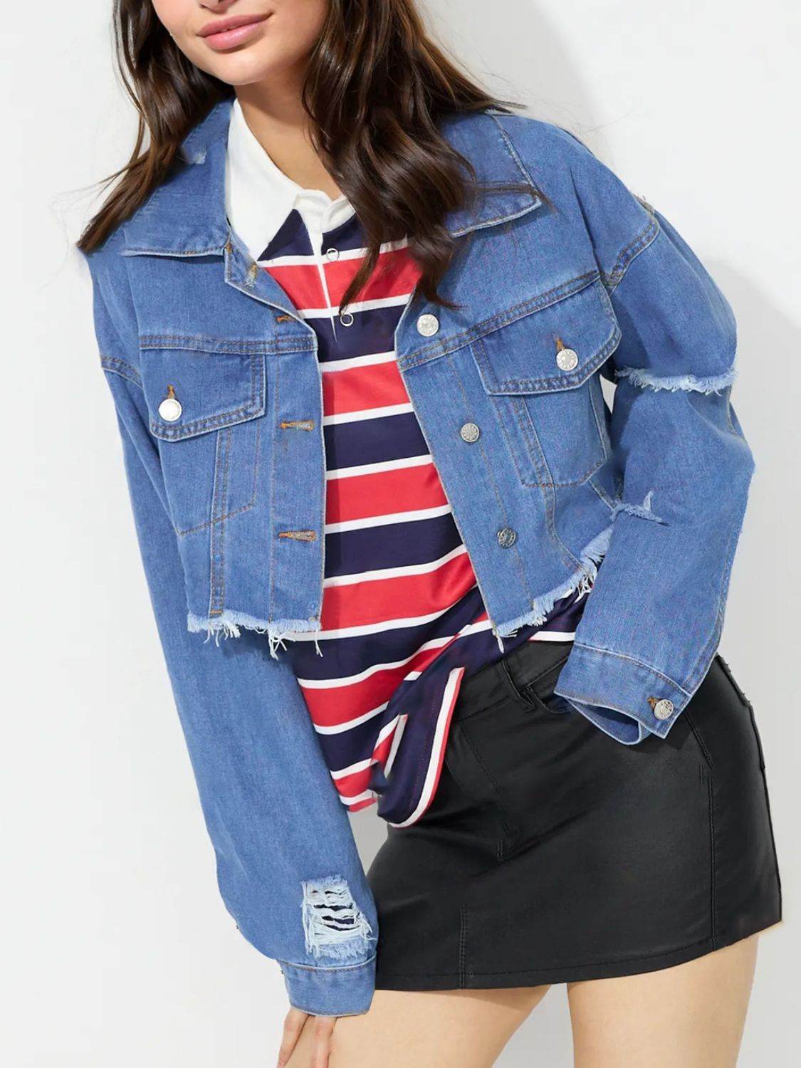 Raw Hem Collared Neck Cropped Denim Top - Delanoir