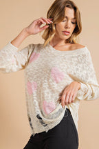 Kori America Heart Pattern Distressed Sweater - Delanoir