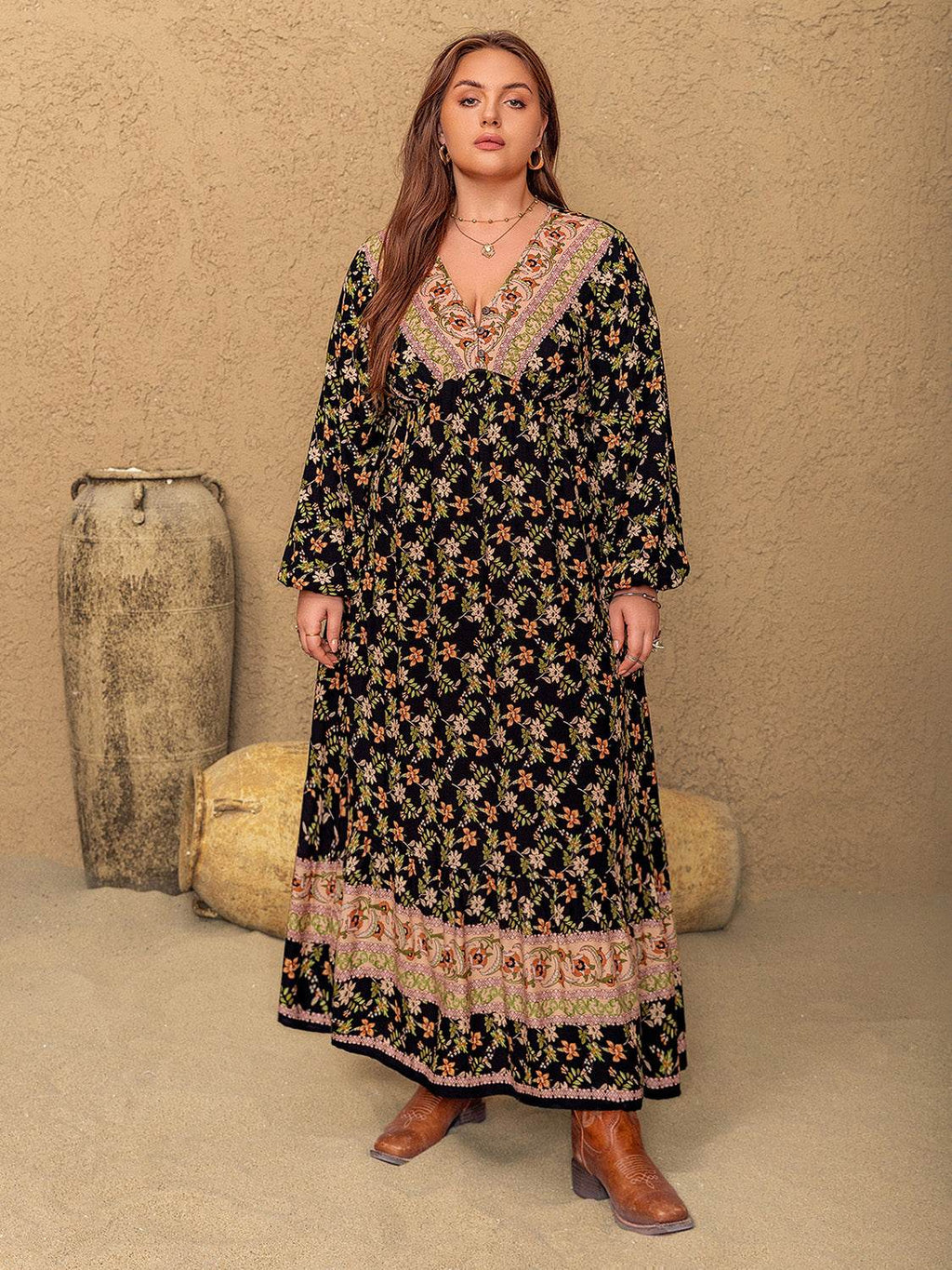Plus Size Floral V-Neck Balloon Sleeve Dress - Delanoir