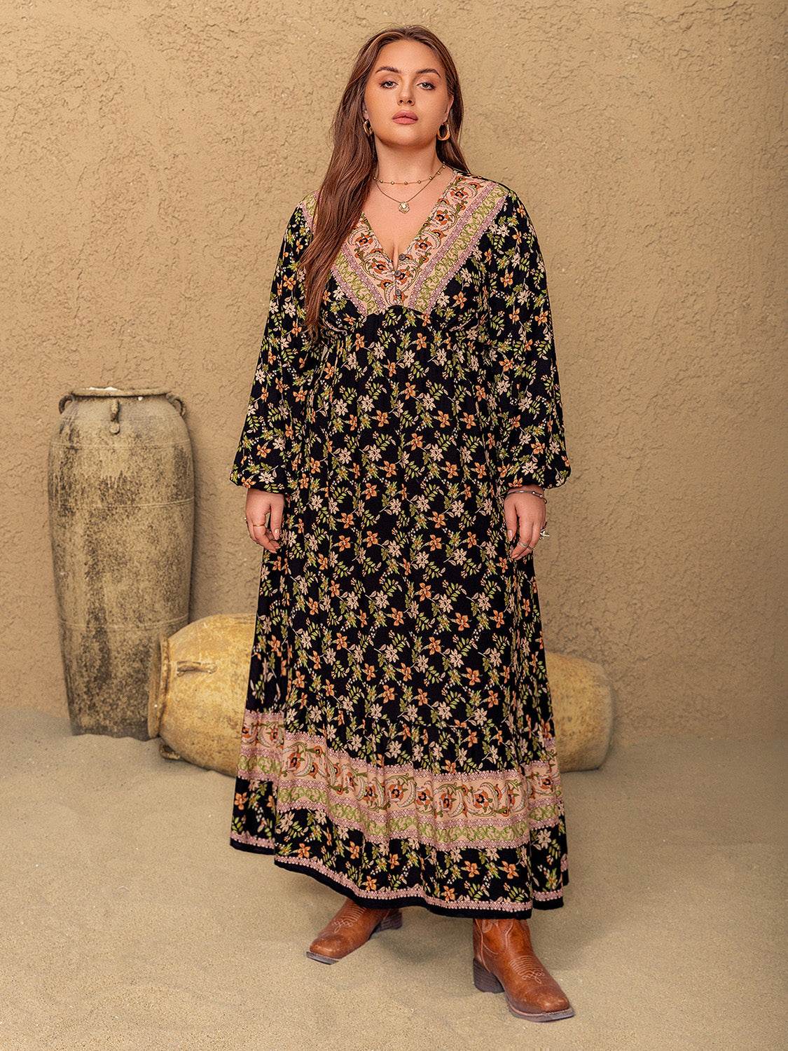 Plus Size Floral V-Neck Balloon Sleeve Dress - Delanoir