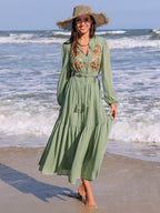 Embroidered Polka Dot Tie Neck Long Sleeve Midi Dress - Delanoir