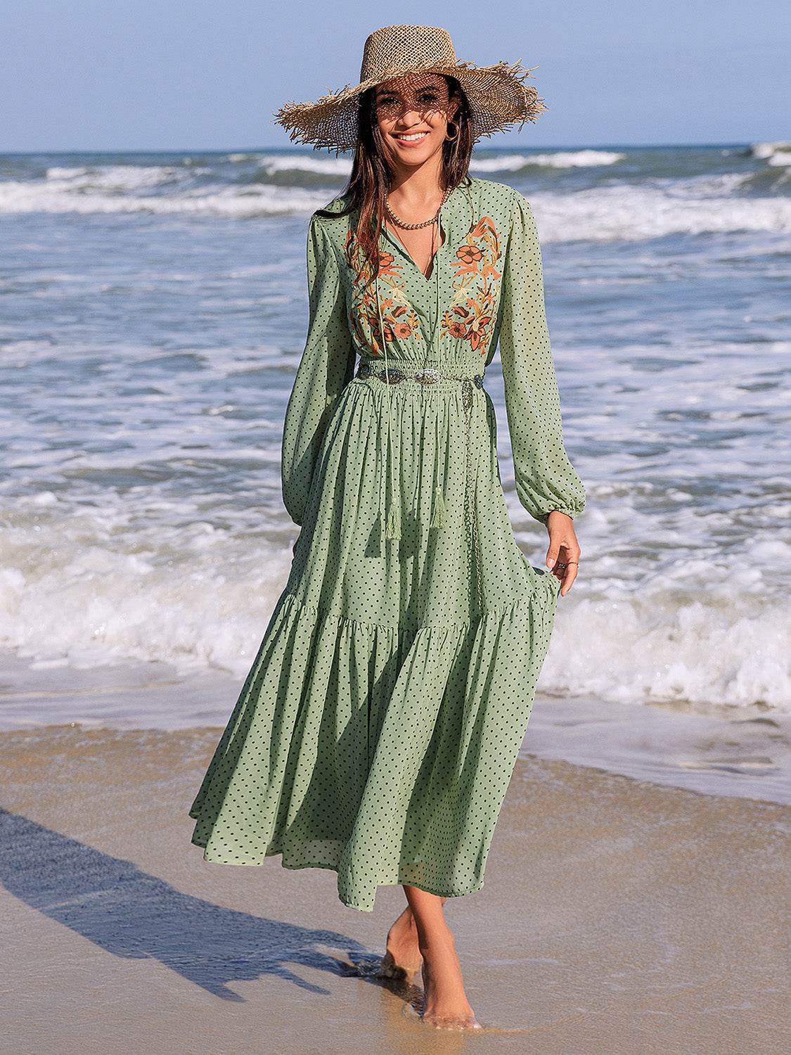 Embroidered Polka Dot Tie Neck Long Sleeve Midi Dress - Delanoir